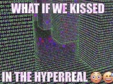 A vaporwave-inspired digital collage asking "What if we kissed in the hyperreal" — binary code matrix walls, Y2K emoji faces (wide-eyed and grinning), neon purple-and-green color palette.
