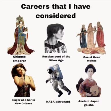 Six alternative career fantasies presented as a meme grid — aspirations ranging from historical royalty to astronaut to geisha.