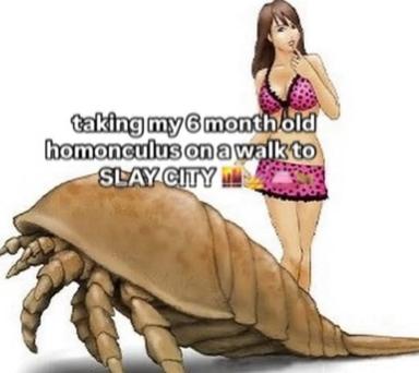 A woman in pink bikini and skirt rides a giant hermit crab like a pet, captioned "taking my 6 month old homunculus on a walk to SLAY CITY"