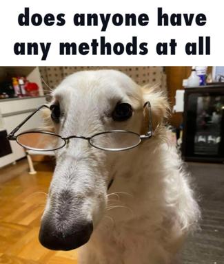 A white dog wearing reading glasses stares directly at the camera with an expression of profound helplessness, paired with the plea "does anyone have any methods at all."