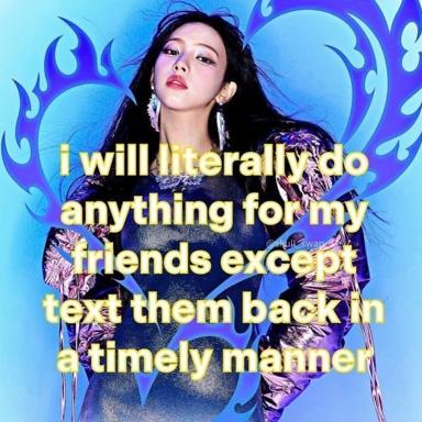 Portrait of a glamorous woman against neon baroque patterns, captioned with wry self-aware humour about being a flaky friend.