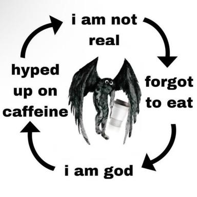 A demonic winged creature holding coffee in a cyclical logic diagram about sleep deprivation, existence, and caffeine-fueled divinity.