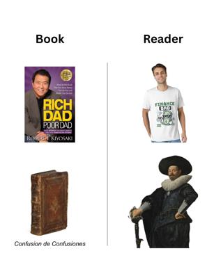 Two-column comparison meme: aspirational finance books versus their actual readers, from Renaissance scholar to modern "Finance Bro."