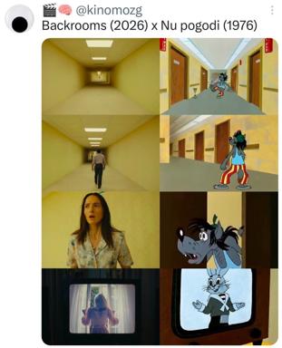 Side-by-side mashup comparing the eerie institutional aesthetics of the horror film Backrooms with the classic Soviet animated comedy Nu pogodi, overlaying cartoon characters into the Backrooms' unsettling hallway setting.