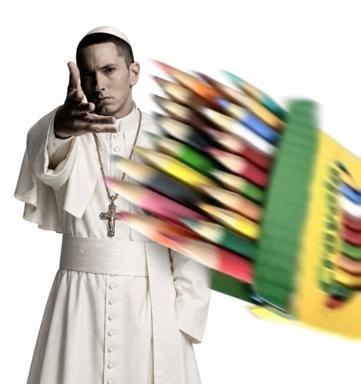 Pope in white vestments wielding a box of Crayola crayons as a weapon via motion-blur, pointing commandingly at the viewer—sacred meets mundane in absurdist visual humor.