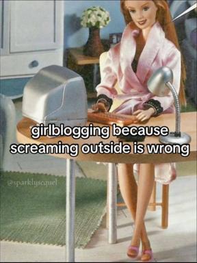 Barbie doll at a retro office desk with microphone, joking about channeling frustration into blogging instead of public screaming.