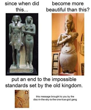 A comparison meme contrasting classical Egyptian statuary with idealized modern sculpture, satirizing unrealistic beauty standards while crediting the "sun disk worship gang."