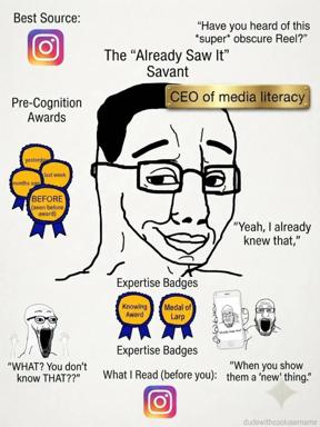 A satirical meme deconstructing the archetype of someone who claims to have discovered everything first, with labels for their fake "expertise badges," pre-cognition awards, and Instagram as their source.