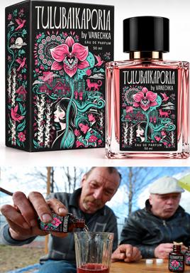 Luxury perfume packaging concealing vodka in a two-panel absurdist meme: elaborate fairytale art meets rough-hewn outdoor drinking.