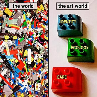 A two-panel meme contrasting the world's messy chaos with the art world's narrow obsession with three trendy conceptual frameworks.