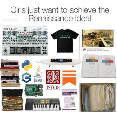 A humorous collage celebrating the polymath impulse: girls pursuing the impossible Renaissance ideal of mastering music synthesis, philosophy, programming, mathematics, design, and academic research simultaneously.