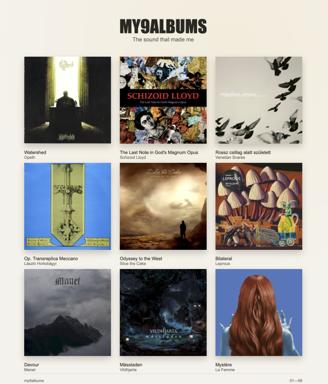A curated 3×3 grid of album covers titled "MY9ALBUMS: The sound that made me"—showcasing experimental, metal, and electronic artists from atmospheric and dark ambient genres.