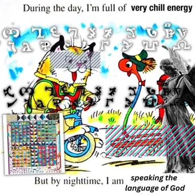Surreal two-panel meme contrasting composed daytime energy with chaotic nighttime transcendence, blending cartoon characters, glitch art, and Renaissance-style angelic figures.