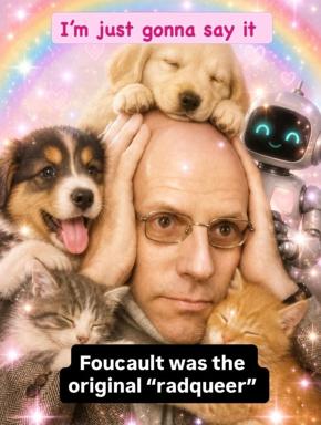 Surreal image macro overlaying a deadpan-faced man surrounded by cute animals and a robot, rendered in sparkly pastel gradients with an absurdist academic commentary.