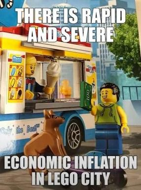 LEGO minifigures and a dog stand at an ice cream stand as the narrator deadpans about rapid, severe inflation in LEGO City—satirizing real-world economic crisis by applying it to a toy world.