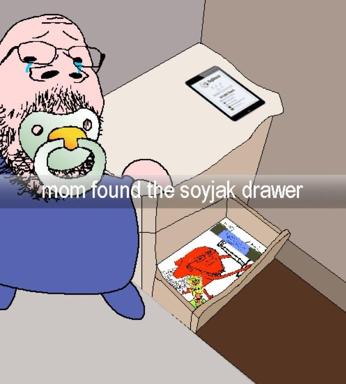A distressed figure cries as their mother discovers a drawer full of Soviet memorabilia and nostalgia items, set to internet meme format about embarrassing hidden collections.