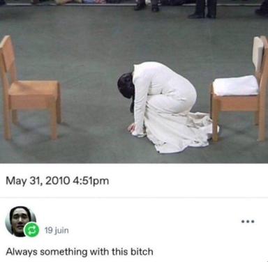Security camera screenshot of a person bent over in a church pew, paired with an exasperated caption about unpredictable behavior—a reaction-image meme format playing on the dramatic/humorous disconnect between the moment and the dismissive commentary.