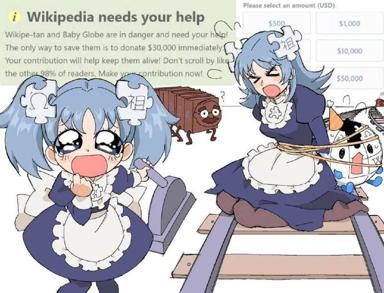 Anime-style parody of Wikipedia's repeated donation appeals, featuring cute maid characters in distress alongside a donation dialog box.