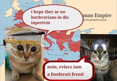 Two cats in Roman helmets debating barbarian incursions on a map of the late Roman Empire, mixing medieval Latin and internet speak.