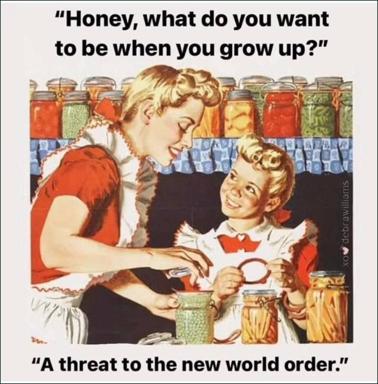 A 1950s domestic scene hijacked by modern political cynicism: a vintage-style mother and child in a kitchen full of canned goods, undercut by the child's dystopian ambition.