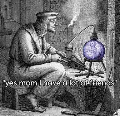 A Renaissance alchemist assures his mother he has plenty of friends while manipulating a flask containing tiny homunculi — a dark meditation on loneliness and the lies we tell ourselves.