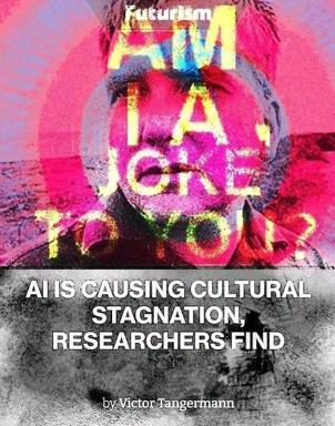 Neon-soaked vaporwave headline meme satirizing AI's cultural impact, with glitchy distorted portrait overlaid with acidic colors and ironic research headline.