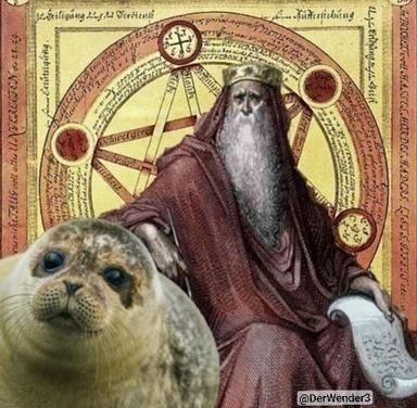 A modern seal photobombs a medieval alchemist engraving, combining historical mysticism with absurdist contemporary meme humor.