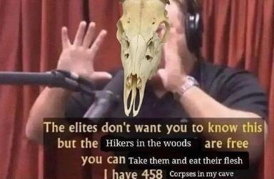 Conspiracy-theory parody meme featuring a podcast host holding a skull, with darkly absurdist text overlay about "free hikers in the woods" and stored corpses.