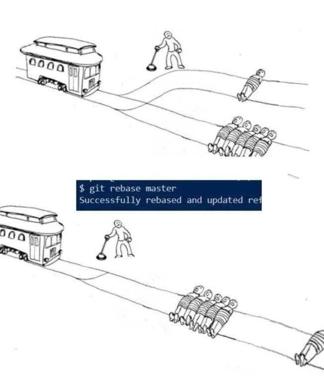 Developer's trolley problem: a git rebase metaphor comparing the destructive merge conflicts caused by rebasing to the classic philosophical dilemma.