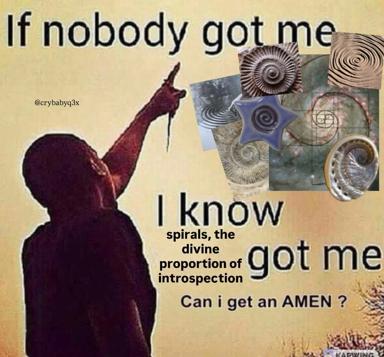 A silhouetted robed figure pointing upward at a chaotic photographic collage of spirals and fossils, claiming dominion over the "divine proportion of introspection"—a darkly comedic skewering of performative self-awareness culture.