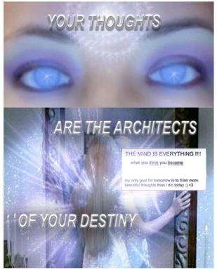 Spiritual self-help meme with glowing blue eyes and mystical imagery promoting manifestation and positive thinking through the "law of attraction" aesthetic.