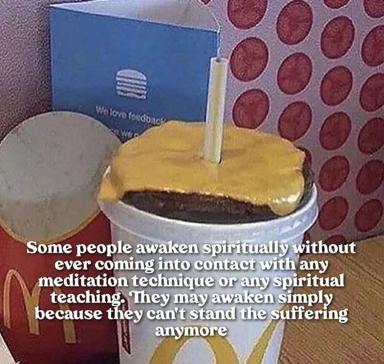 A beverage with whipped cream and a pastry, overlaid with a philosophical quote about spiritual awakening through suffering—using mundane food imagery to deliver existential commentary.