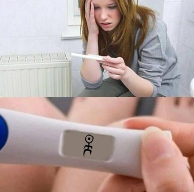 Two-panel meme: anxious woman with pregnancy test, bottom panel reveals unexpected stick-figure symbol instead of standard result, playing on absurdist expectations-vs-reality humor.