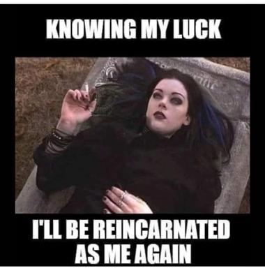 A fatalistic joke about reincarnation: a goth figure gazes upward holding a chalice, captioned "Knowing my luck / I'll be reincarnated as me again."