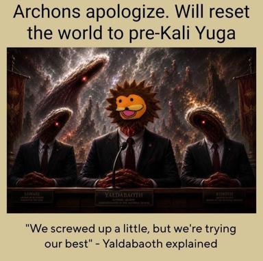 Three cosmic entities (including Yaldabaoth with a cartoonish smiley face) in business suits apologize for cosmic mismanagement, offering to reset the world to pre-Kali Yuga in this dark absurdist meme blending gnostic theology with bureaucratic conference-table tropes.