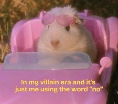 A guinea pig wearing rose-tinted sunglasses lounges in a pink chair, ironically claiming its "villain era" consists solely of saying no to things—a humorous take on assertiveness and boundary-setting.