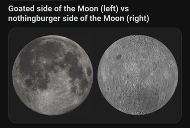 Side-by-side comparison of the Moon's near side (dark with visible maria, labeled "goated") versus the far side (heavily cratered, labeled "nothingburger"), using internet slang to rank lunar geography.