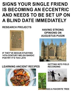 Satirical grid meme listing absurd academic hobbies—obsessing over Gothic architecture, medieval poetry, esoteric recipes, field recording—as signs a single friend needs immediate matchmaking intervention.