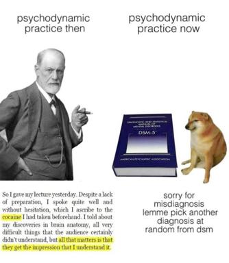 A two-panel satirical meme comparing Sigmund Freud's cocaine-fueled confidence in early psychodynamic practice to modern psychiatry's reliance on randomized DSM-5 diagnoses, with a skeptical Shiba Inu as the punchline.