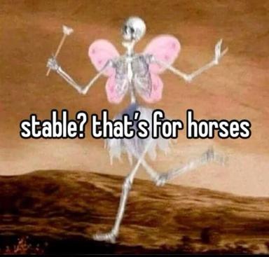 Skeleton with pink fairy wings on a log makes a pun about stability being "for horses"—dark absurdist AI humor.