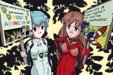 Rei Ayanami and Asuka Langley Soryu from Neon Genesis Evangelion stand in front of a black-and-yellow lightning background, each holding a sign. Rei's sign reads "home along on a fridey night? juts remember... YOUR AWWESOME!" over a chibi-anime and concert-photo collage. Asuka's sign uses a Sonic the Hedgehog image: "Alone on a Friday night? God, you're pathetic."