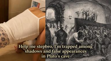 Two-panel image macro: on the left, a person in a white tank top bends over a front-loading washing machine, with a floral-patterned garment at the edge of the frame. On the right, a 19th-century-style engraving of Plato's allegory of the cave shows chained prisoners facing a wall, with puppeteers on a parapet and a lantern's firelight. The caption reads "Help me stepbro, I'm trapped among shadows and false appearances in Plato's cave."