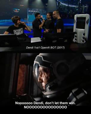 Two-panel meme. The top photo shows a 2017 Dota 2 event stage where a man in an "INTERNET FAMOUS" shirt holds a mic beside two other men, with NVIDIA and Intel hardware on the desk, captioned "Dendi 1vs1 OpenAI BOT (2017)". The bottom is a dark, close-up film still of a man in a visored helmet, captioned "Nooooooo Dendi, don't let them win."