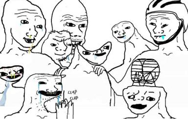 A hand-drawn Wojak-style group meme: about eight crying, grinning, and grimacing faces crowd together in black-and-white line art with blue tears, green snot, and a central figure clapping with "CLAP CLAP" lettering. Posted with the note "r/WritingWithAI", so it reads as a jab at AI-assisted writing, though the image itself shows no AI.