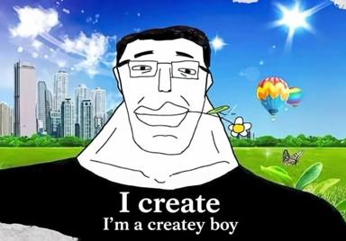 A white-faced wojak-style cartoon man with glasses and a black shirt, a flower and leaf between his teeth, stands in a sunny park with a city skyline, hot-air balloons and a butterfly. The caption reads "I create / I'm a createy boy".
