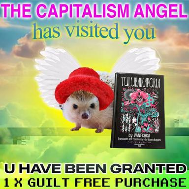 A hedgehog in a red fluffy hat and white angel wings stands beside a black hardcover, TULUBAIKAPORIA by Vanechka, under the headline "THE CAPITALISM ANGEL has visited you" and the caption "U HAVE BEEN GRANTED 1 X GUILT FREE PURCHASE". It is a book-promo image macro over a pastel sunset-sky backdrop.
