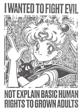 Black-and-white halftone, manga-style image of Sailor Moon (Usagi Tsukino) with her black cat Luna, one finger raised beside a sparkle, under the caps headline "I WANTED TO FIGHT EVIL" and the caption "NOT EXPLAIN BASIC HUMAN RIGHTS TO GROWN ADULTS". A deadpan, defiant image-macro about having to justify basic rights.