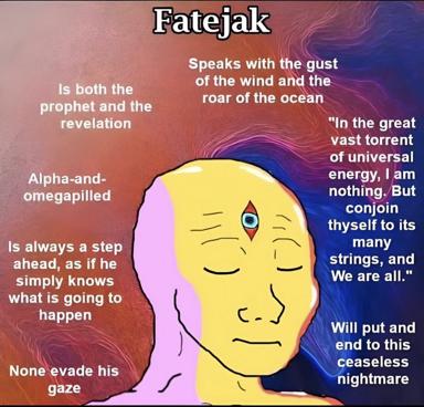 A mystical yellow head with a third eye against a swirling cosmic gradient, ringed by philosophical fragments about fate and cosmic consciousness—attributes of Fatejak, a figure embodying prophecy, inevitability, and the dissolution of self into universal force.