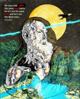A Heraclitus bust overlaid on a cosmic landscape—stoneware head merges with surreal terrain (blue river, green forest, moon, raven, starfield) bisected by a cyan laser beam, illustrating the ancient paradox on flux and identity.