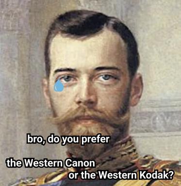 Imperial-era portrait overlaid with a deadpan joke conflating literary canon with camera stock